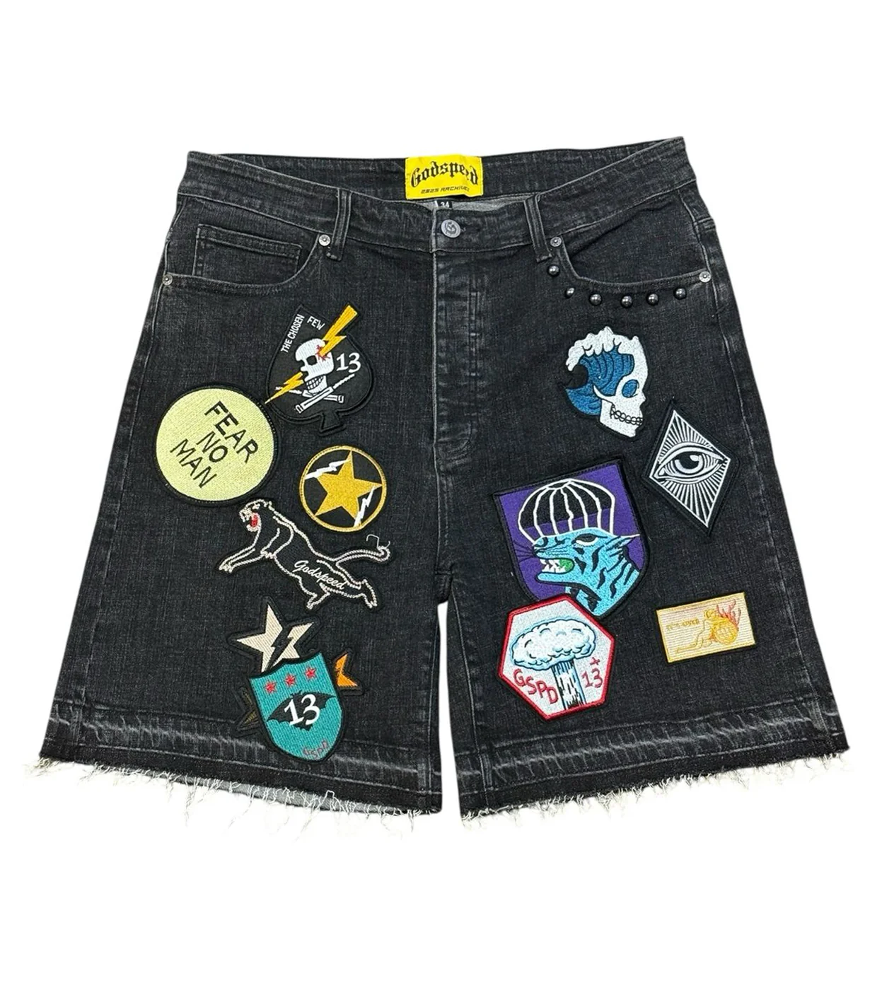 Godspeed Patchwork Brand Boom Denim Shorts Black