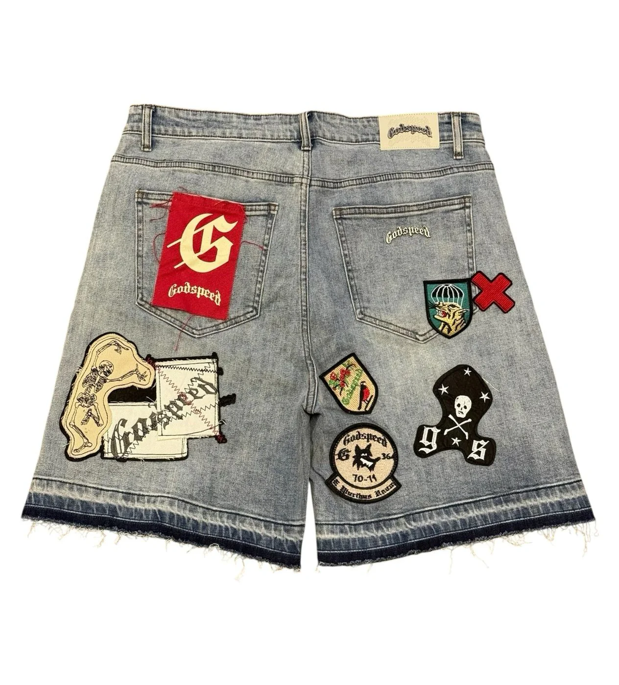 Godspeed Patchwork Brand Boom Denim Shorts Blue - Image 2