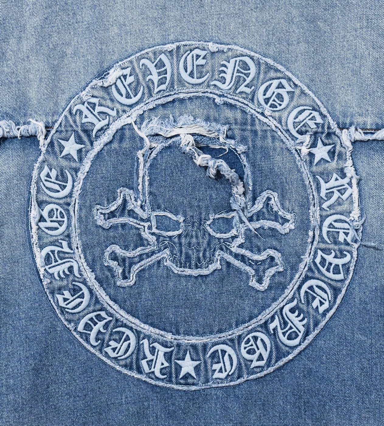 Revenge Frayed Skull Patched Denim Jacket Indigo - Image 3