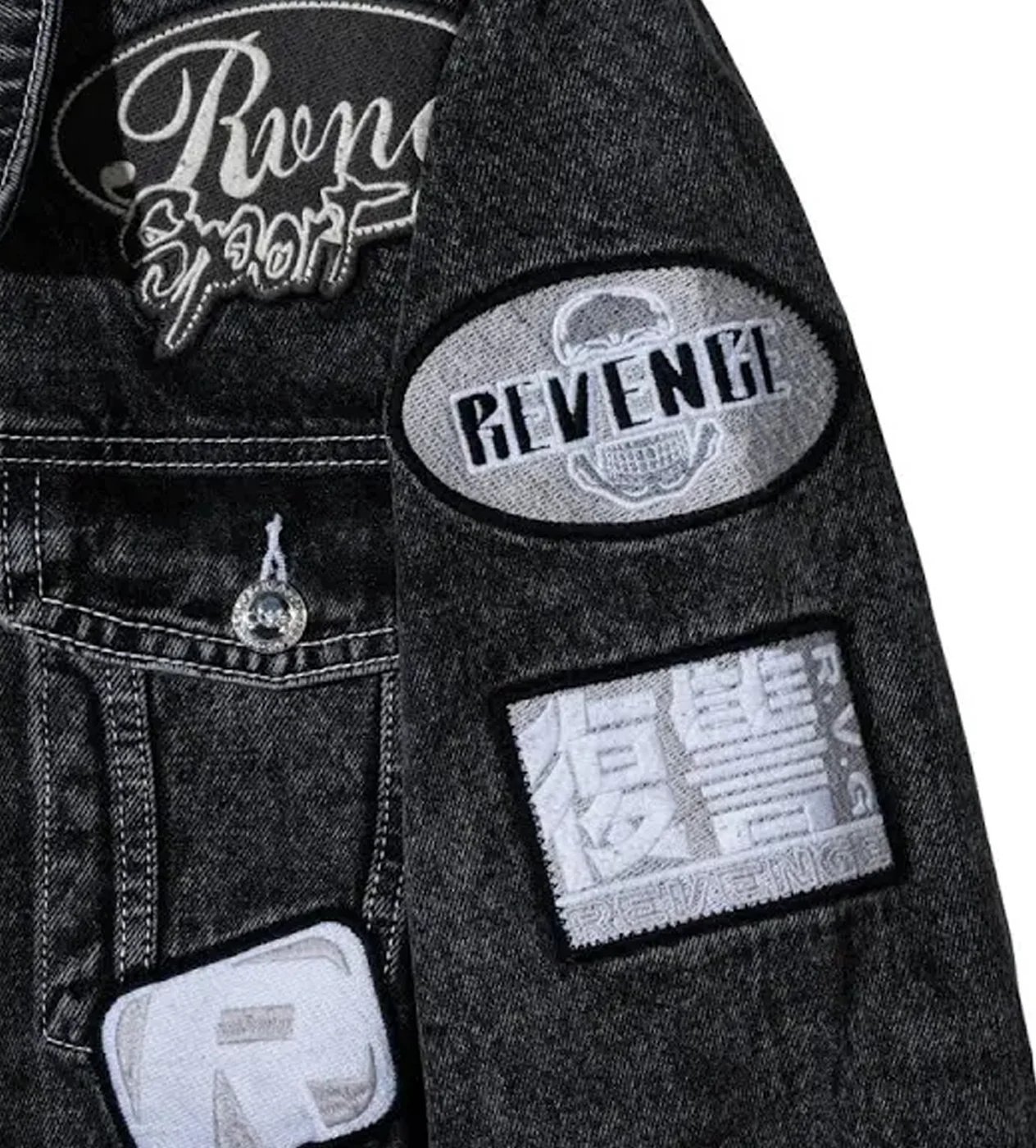 Revenge Moto Patch Denim Jacket Washed Black - Image 4