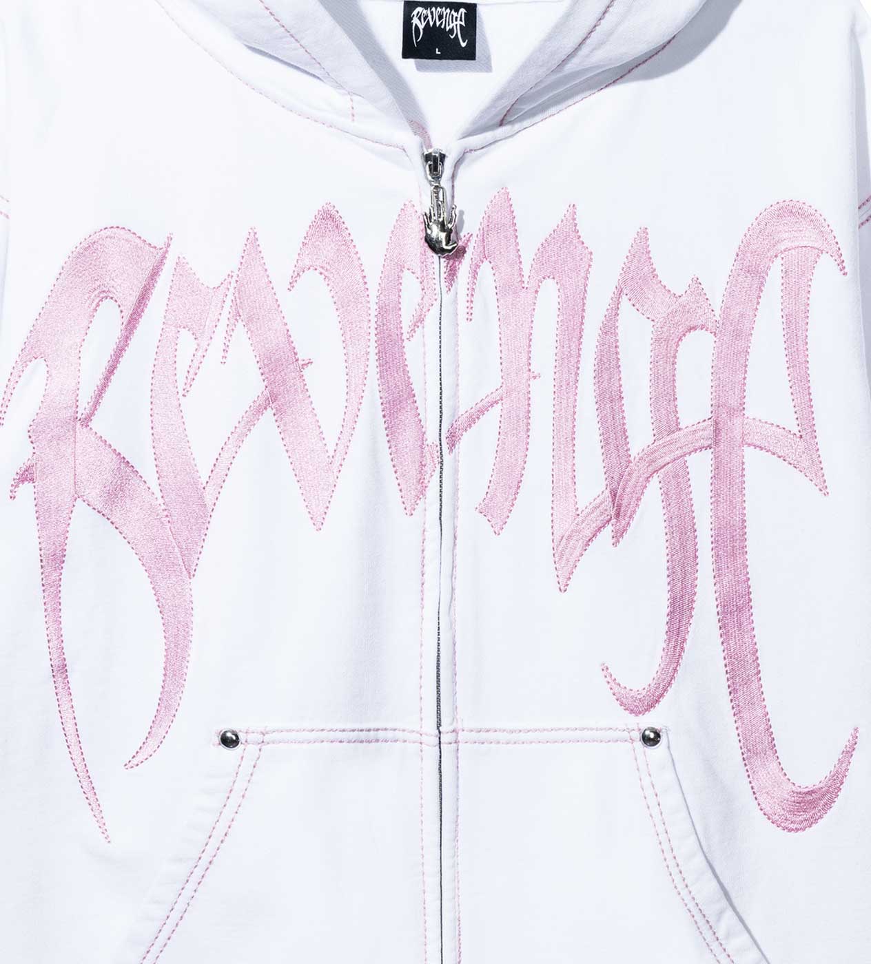 Revenge Xxxtentacion Kill Contrast Zip Up Hoodie White/Pink - Image 4
