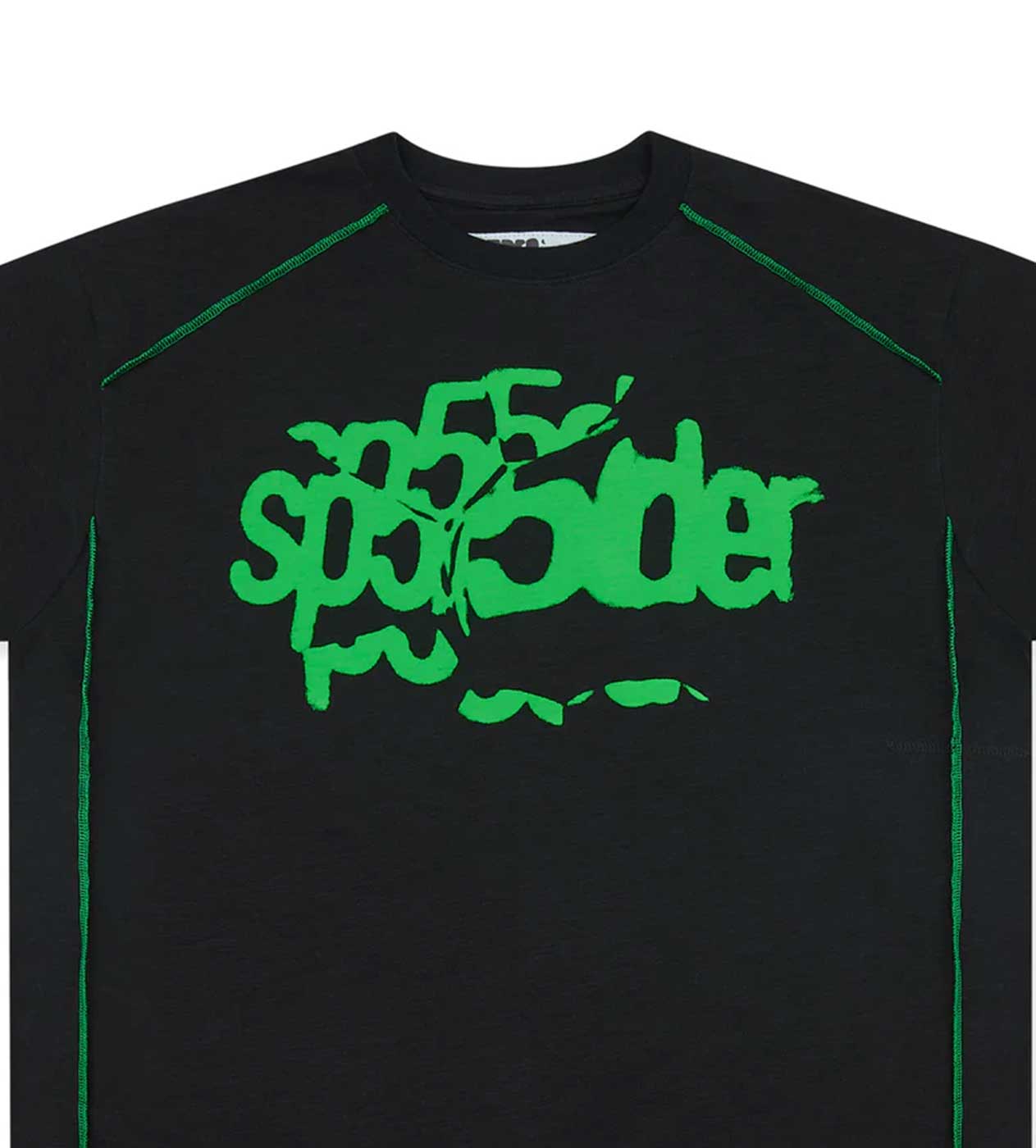 Sp5der Contrast Stitch Slub Tee Black/Green - Image 3