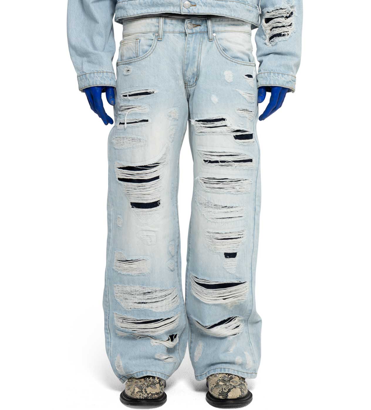 WNTD Distressed Double Denim Pants Blue - Image 3